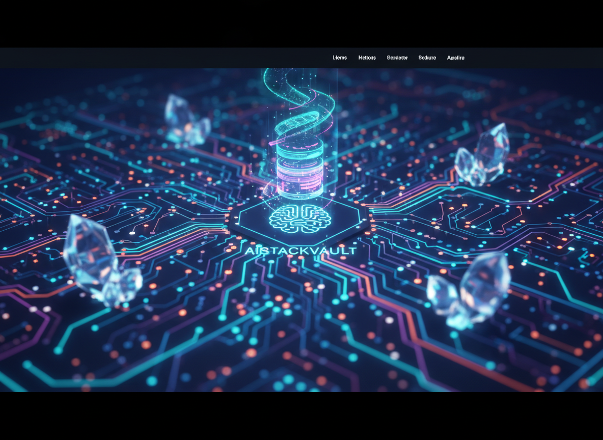 a very trendy, futuristic AI and tech themed hero image that matches the existing AIStackVault site theme, clean and modern, with abstract circuitry, neon accents that complement the current color palette, suitable as a wide website header background behind a navigation menu