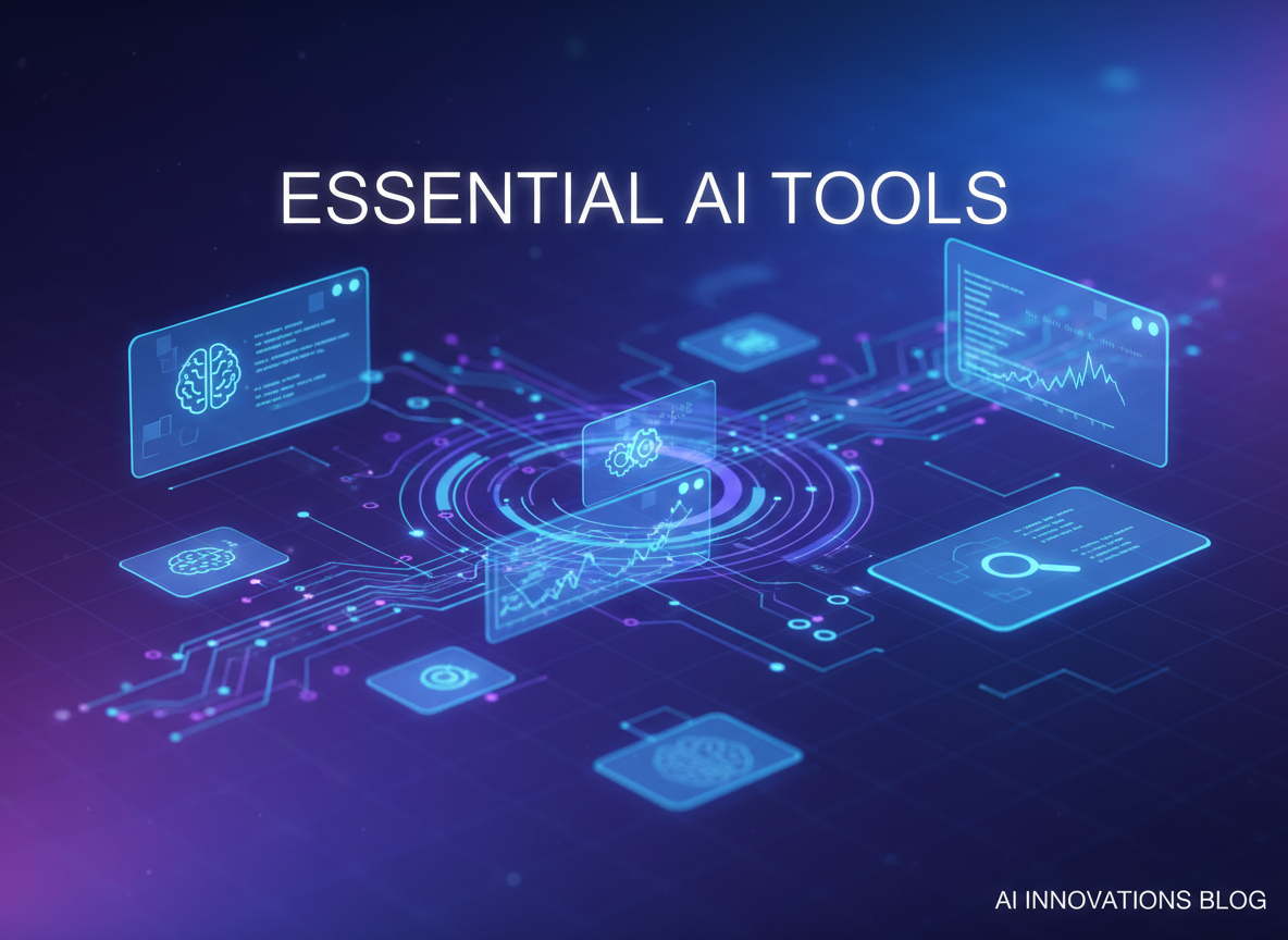 Trendy AI-themed abstract technology illustration with neon blue and purple gradients, floating UI panels, data flows, and minimal futuristic style, suitable as a blog featured image about essential AI tools